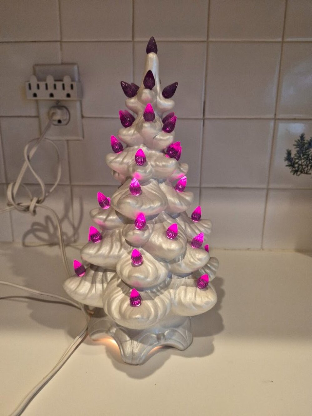 White Ceramic Christmas Tree w/ Purple Bulbs